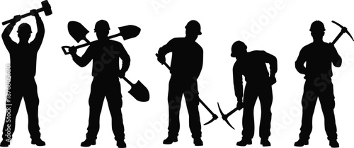 Construction worker silhouettes holding tools isolated on white background representing labor industry teamwork safety strength and professional manual work concept