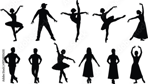 Dance and ballet performer silhouettes collection isolated on white background showing artistic movement grace flexibility rhythm and expressive professional choreography poses