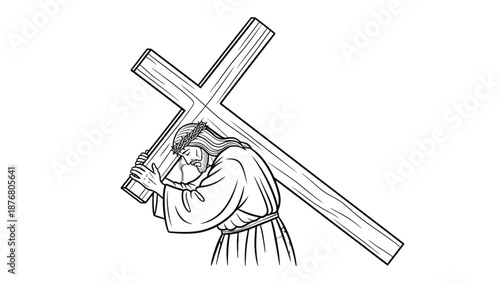 Jesus Christ carrying a large wooden cross illustration.