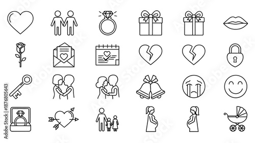 Collection of Simple Line Icons Representing Love and Wedding.