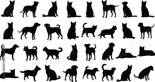 Dog and cat silhouette set featuring multiple poses sitting standing walking pets collection isolated black white vector illustration design icons graphic