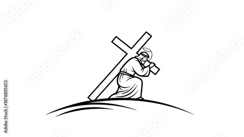 Simple line drawing of Jesus Christ kneeling with a large cross.