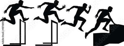 Athlete running jump sequence silhouette showing speed agility training obstacle course sport fitness motion isolated white background vector illustration design