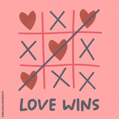 Romantic tic-tac-toe vector illustration with hearts and Love Wins text on pink background. minimal Valentine s Day concept for greeting cards, posters, and banners