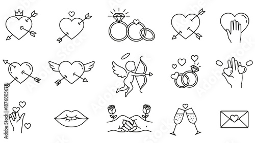 Collection of simple black and white line art icons representing love and romance.