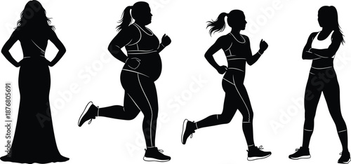 Female body transformation silhouette set showing weight loss fitness progress from overweight to athletic healthy lifestyle journey black white illustration vector