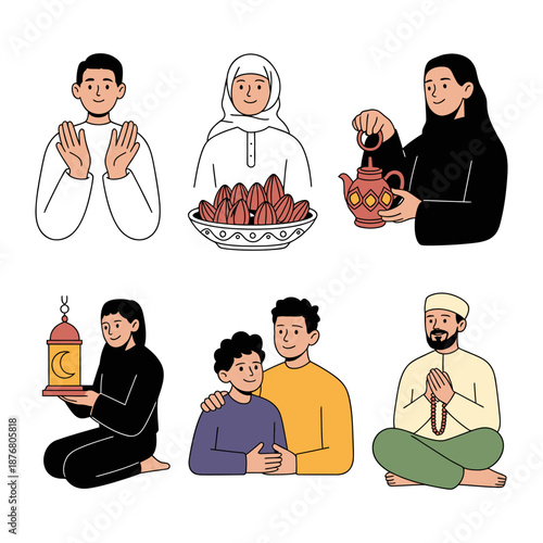 Ramadan Gathering: A heart-warming illustration of daily life moments of Muslims during Ramadan, capturing spiritual reflection and communal bonding.