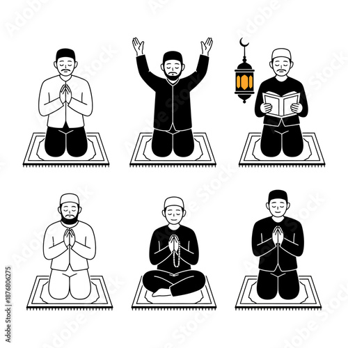 Muslims in Prayer: A collection of illustrations depicting Muslim individuals engaged in various acts of prayer, demonstrating devotion and reflection within the Islamic faith.