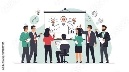 Business Team Brainstorming Ideas, Planning Strategy on Whiteboard, Meeting Presentation