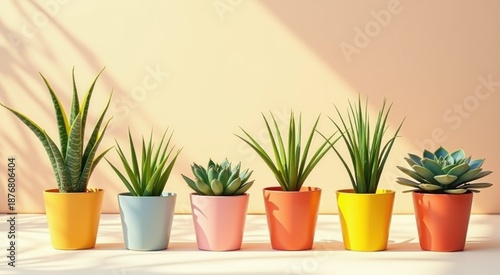 Row of potted plants on a table