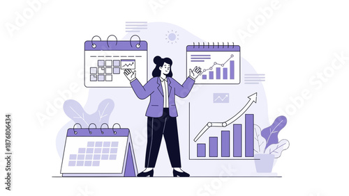 Businesswoman managing time and growth charts with calendars and graphs