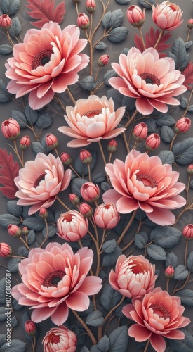 Many pink flowers on a gray background with green leaves
