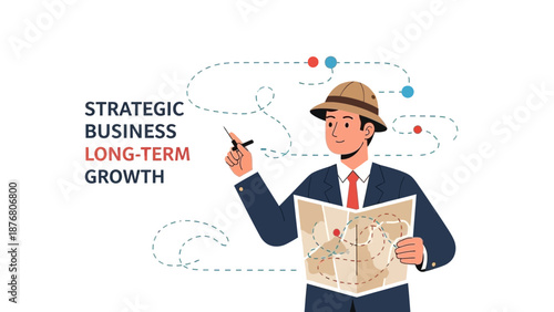 Businessman with map and compass, planning strategic business growth and long-term success.