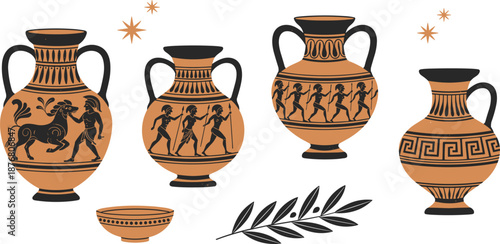 Ancient Greek Pottery Illustration Set Featuring Traditional Amphora Vases, Mythological Figures and Classic Decorative Patterns