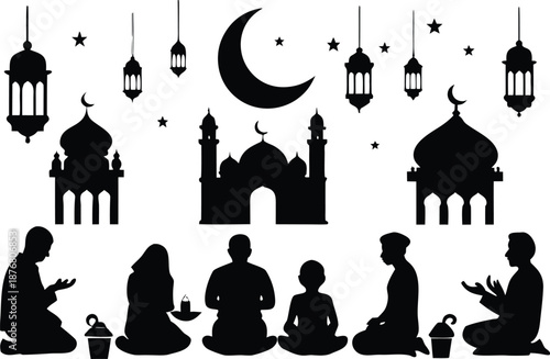 Islamic prayer silhouettes isolated on transparent background, Vector, illustration