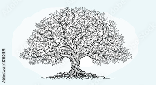 Detailed black and white ink drawing depicts a large old tree with an intricate network of swirling branches and twisted roots.