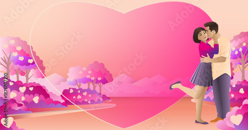 Romantic Asian couple kissing in blooming park with heart background. Valentine Day design with copy space. Horizontal vector illustration.