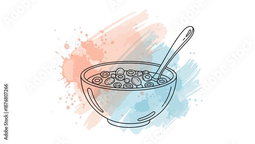 Breakfast Cereal Illustration: A vibrant illustration showcasing a bowl of breakfast cereal, with milk and a spoon, set against a colorful splash background.