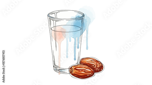 Refreshing Date Delight: A beautifully illustrated scene showcasing a glass of water, artfully paired with two dates, embodying refreshment and simple pleasures.