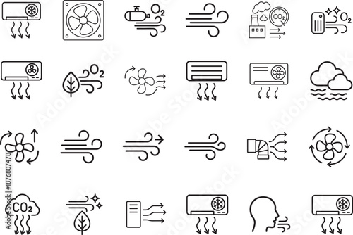   Air outline icon set with editable strokes featuring ventilation, AC, fan, wind, oxygen and pollution UI.