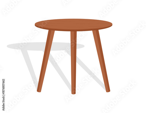Wooden coffee table with shadow. Small little round tabletop with wood legs isolated on white background. Scandinavian style, home interior furniture. Circle shape table. Flat vector illustration