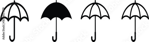 A set of open umbrellas in different colors, isolated on a white background, showing protection from rain and weather