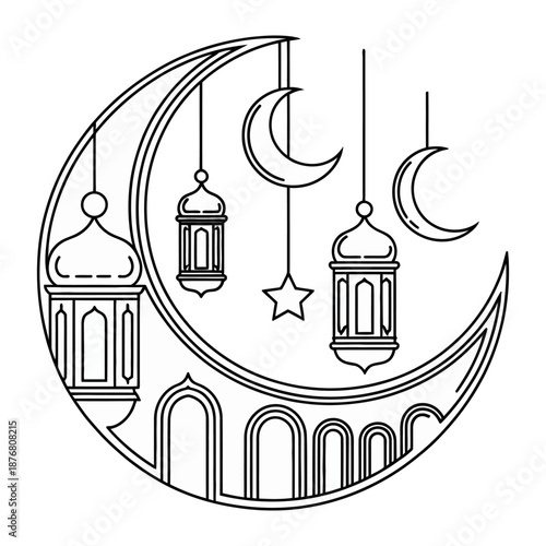 Celestial Embrace: An exquisite illustration of the crescent moon, adorned with intricately designed lanterns and celestial stars, representing a cultural celebration. 