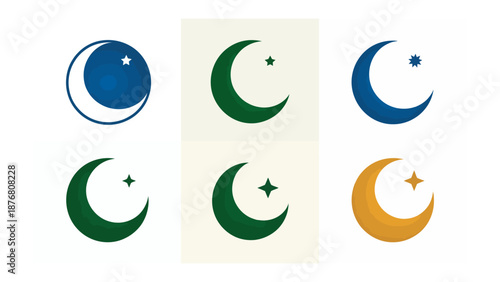 Islamic Moon and Star Icon Collection: A set of six celestial icons featuring the crescent moon and star, symbolizing the core elements of Islamic faith, in different colors and variations.