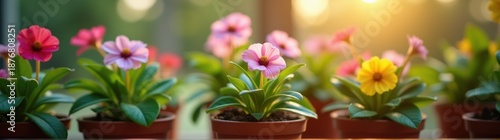 Several potted flowers are sitting on a window sill
