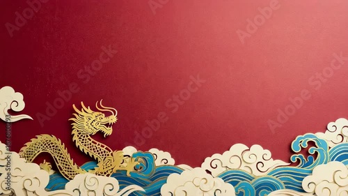 Wallpaper Mural Golden dragon weaving through paper cut clouds and waves on red background for Chinese New Year holiday Torontodigital.ca