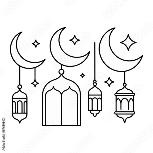 Islamic Symbols of Faith: Simple line art of crescent moons and lanterns, offering a glimpse into a world of faith and tranquility.