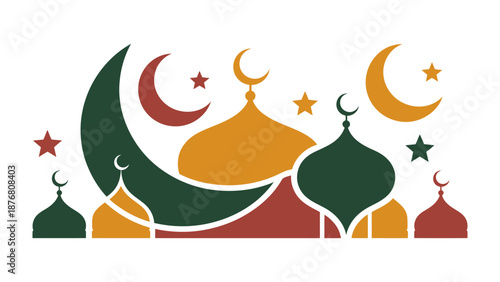 Mosque Silhouette: An artistic representation of a mosque featuring crescent moon, stars, and intricate architectural designs, symbolizing the serene ambiance of spirituality.