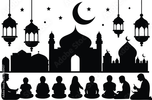 Silhouette of mosque and people praying isolated on transparent background, Vector, illustration