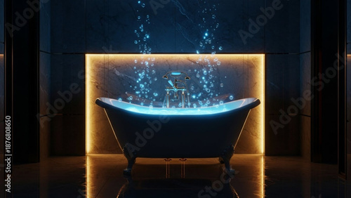 A black bathtub with blue glowing water and bubbles rising dark background with illuminated rectangular panel