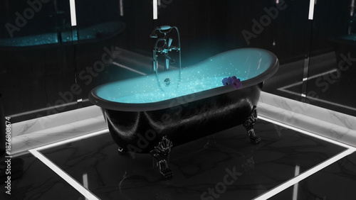 A black clawfoot bathtub with turquoise water and a modern faucet in a sleek bathroom with a dark glossy floor and white accents
