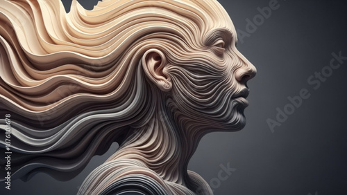 A womans face and wavy hair made of multiple layers of curved lines in shades of brown and gray on a dark background