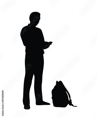 Silhouette of a Traveler or Hiker with a Backpack Checking Location on Smartphone. Traveling and hiking, people visiting places and countries vector art