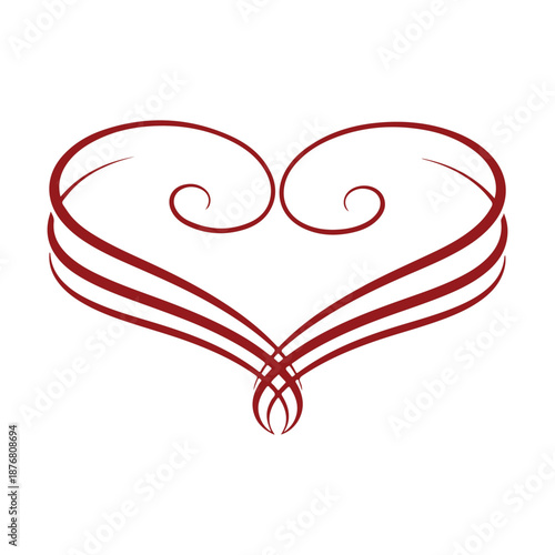 Stylized red heart flourish design. Ornate calligraphic swirly love symbol perfect for romantic events, wedding invitations, and elegant decorative elements.