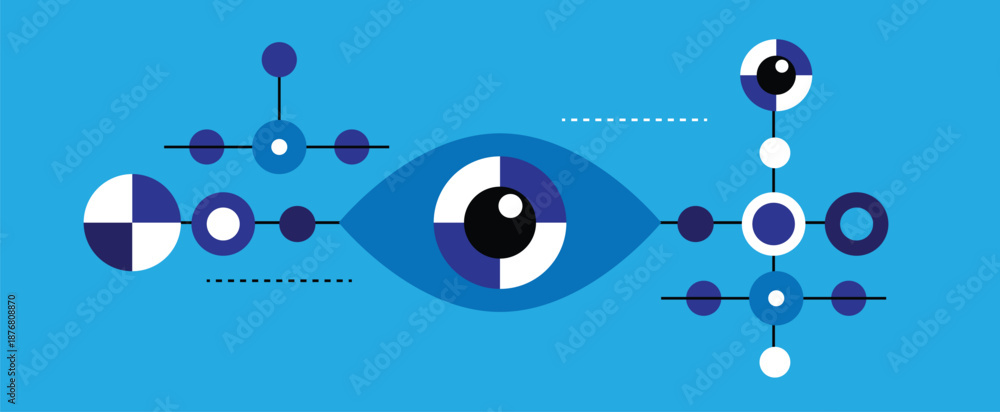 Obraz premium Abstract Eye on Blue Banner Line Art with Circles. Graphic design elements and resources vector art, sharp eyesight