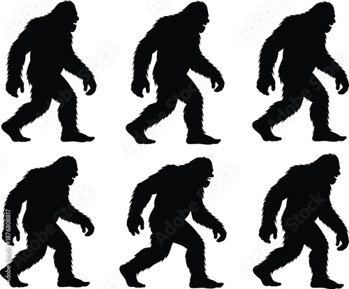 Six silhouettes of bigfoot walking on white background
