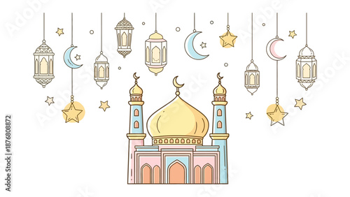 Ramadan Mosque Lanterns: A beautifully drawn illustration showcasing a golden-domed mosque adorned with hanging lanterns, crescent moons, and stars.