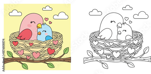 Cute cartoon birds couple cuddling in a nest with hearts and coloring page outline vector illustration