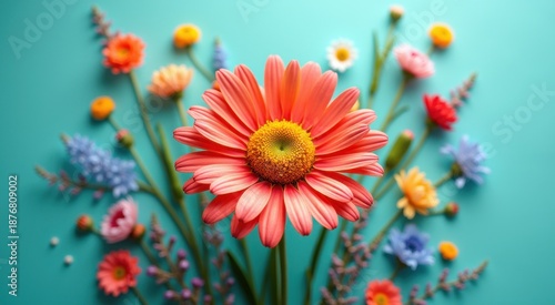 Brightly colored flowers are arranged in a vase on a blue surface
