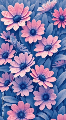 Purple flowers are in a field with blue leaves