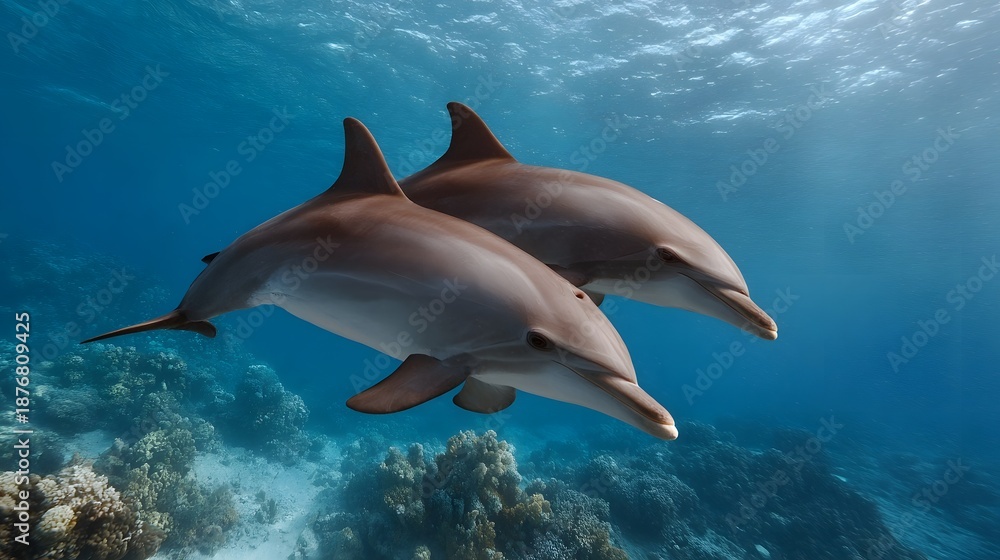 Fototapeta premium Two elegant dolphins gracefully glide through the clear blue ocean water swimming near a vibrant and sunlit coral reef