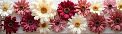 Row of red white flowers with a white background