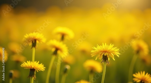 Yellow flowers in a field of green grass with a sun shining