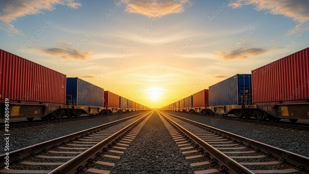 Obraz premium Freight trains carrying cargo containers on parallel railway tracks at sunset, symbolizing global logistics and trade.