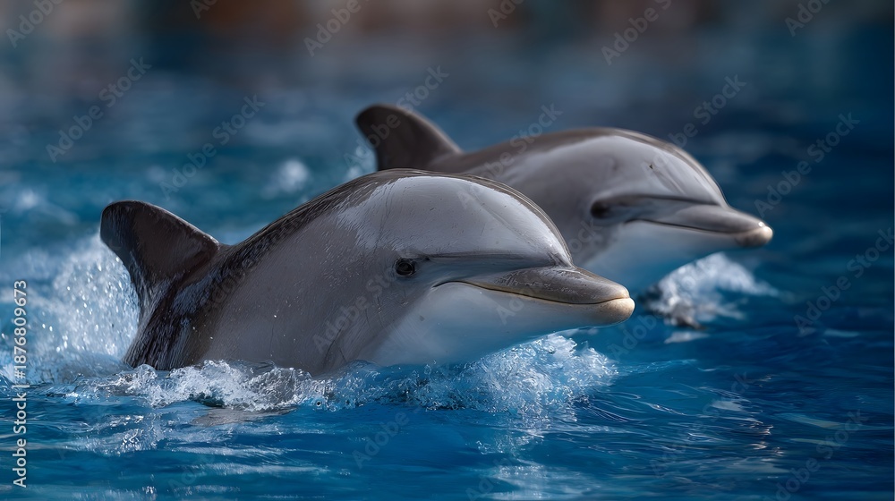 Obraz premium Two graceful dolphins swim and splash in the clear blue ocean water showcasing their natural beauty and playful nature