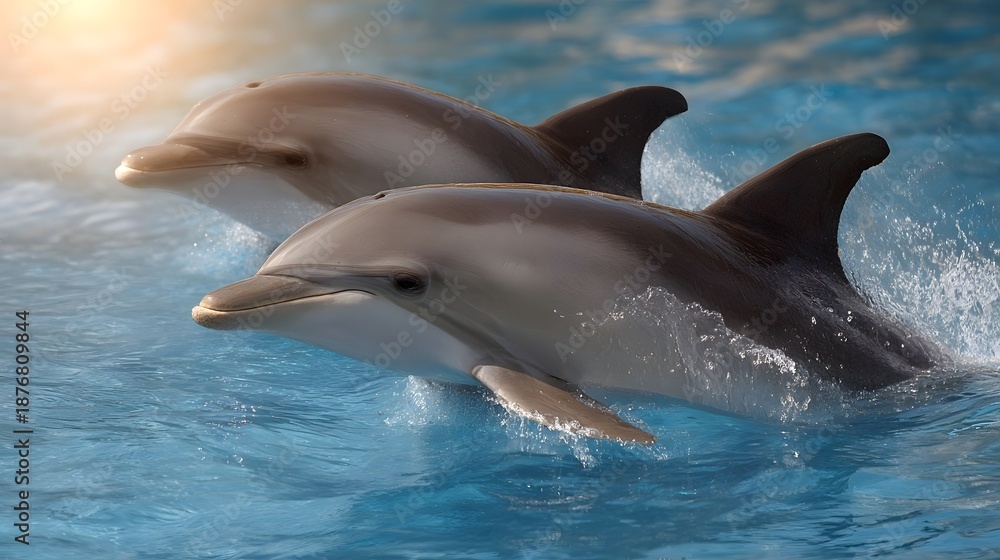 Fototapeta premium Two dolphins swim gracefully together in sunlit blue water creating playful splashes as they surface